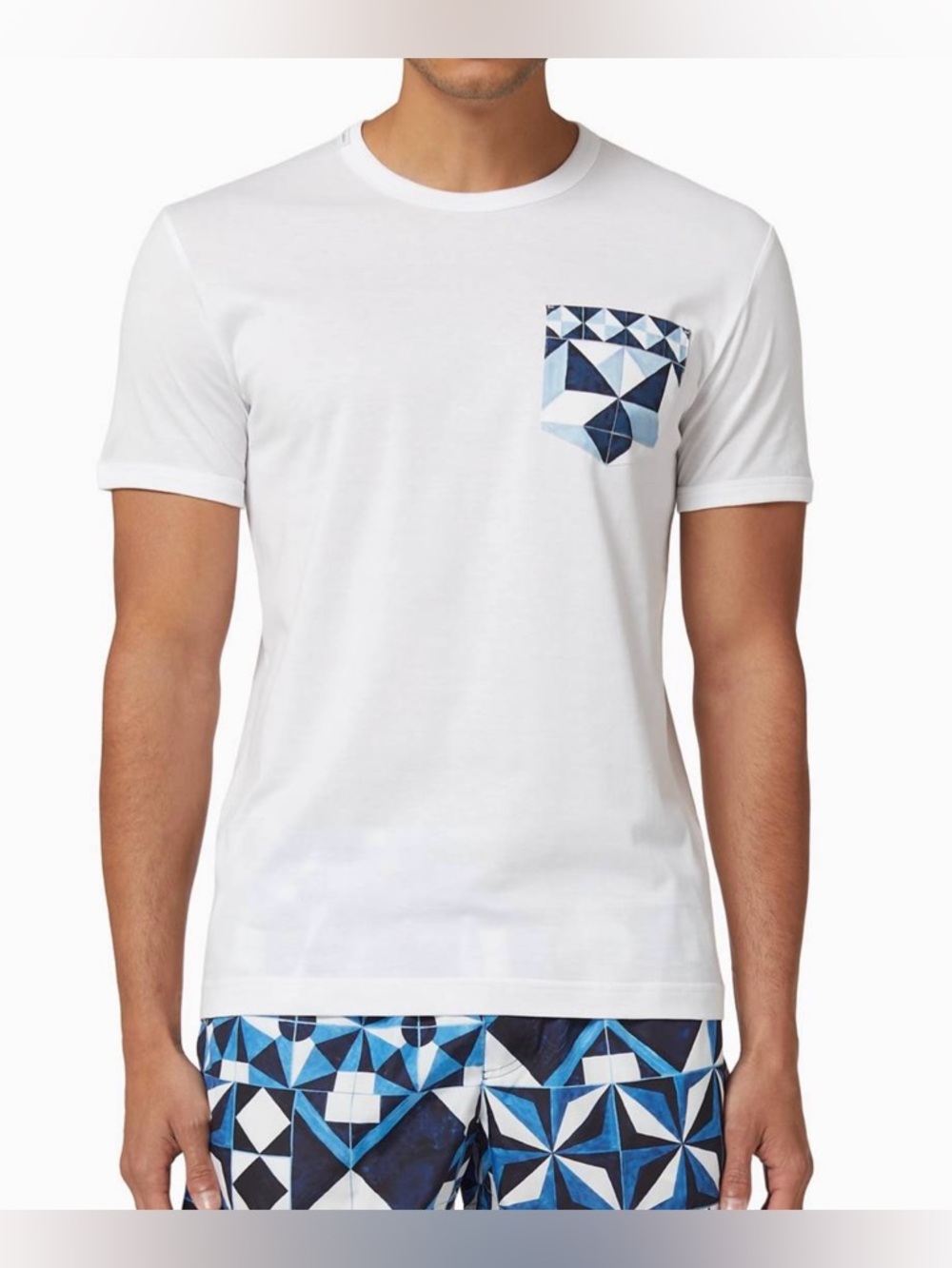 White Men's Pocket T-Shirt with Blue Geometric Print by Dolce&Gabbana